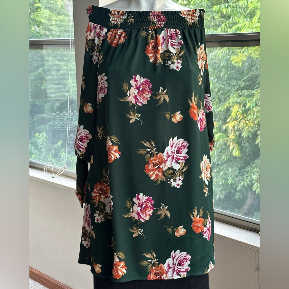 Floral Airy Green Shift Dress Off Shoulder Size Large